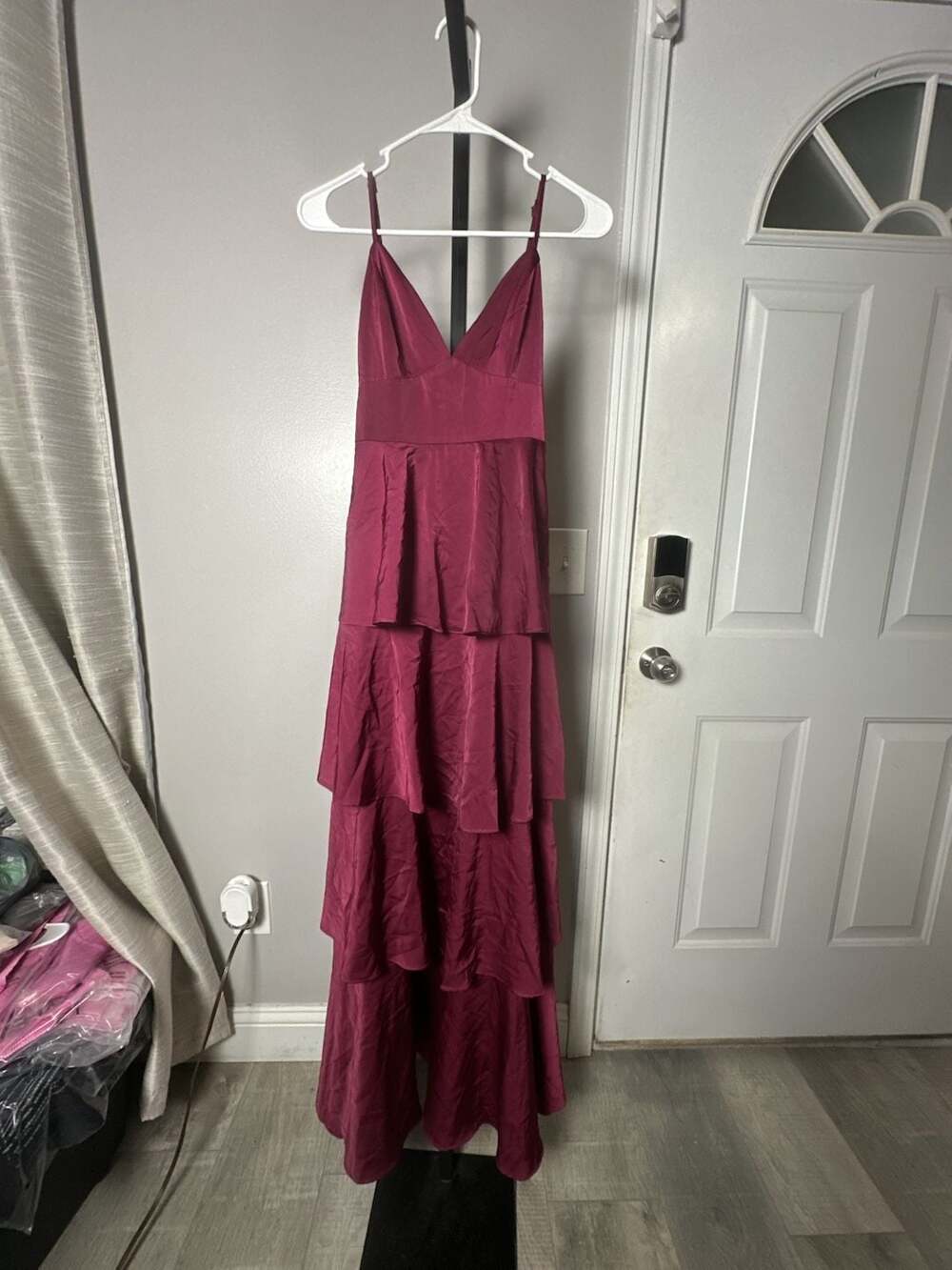 Lulus Going With Elegance Plum Purple Satin Tiered Maxi Gown#975